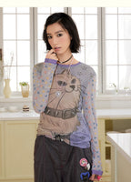 Cat Graphic Mesh Long Sleeve Top