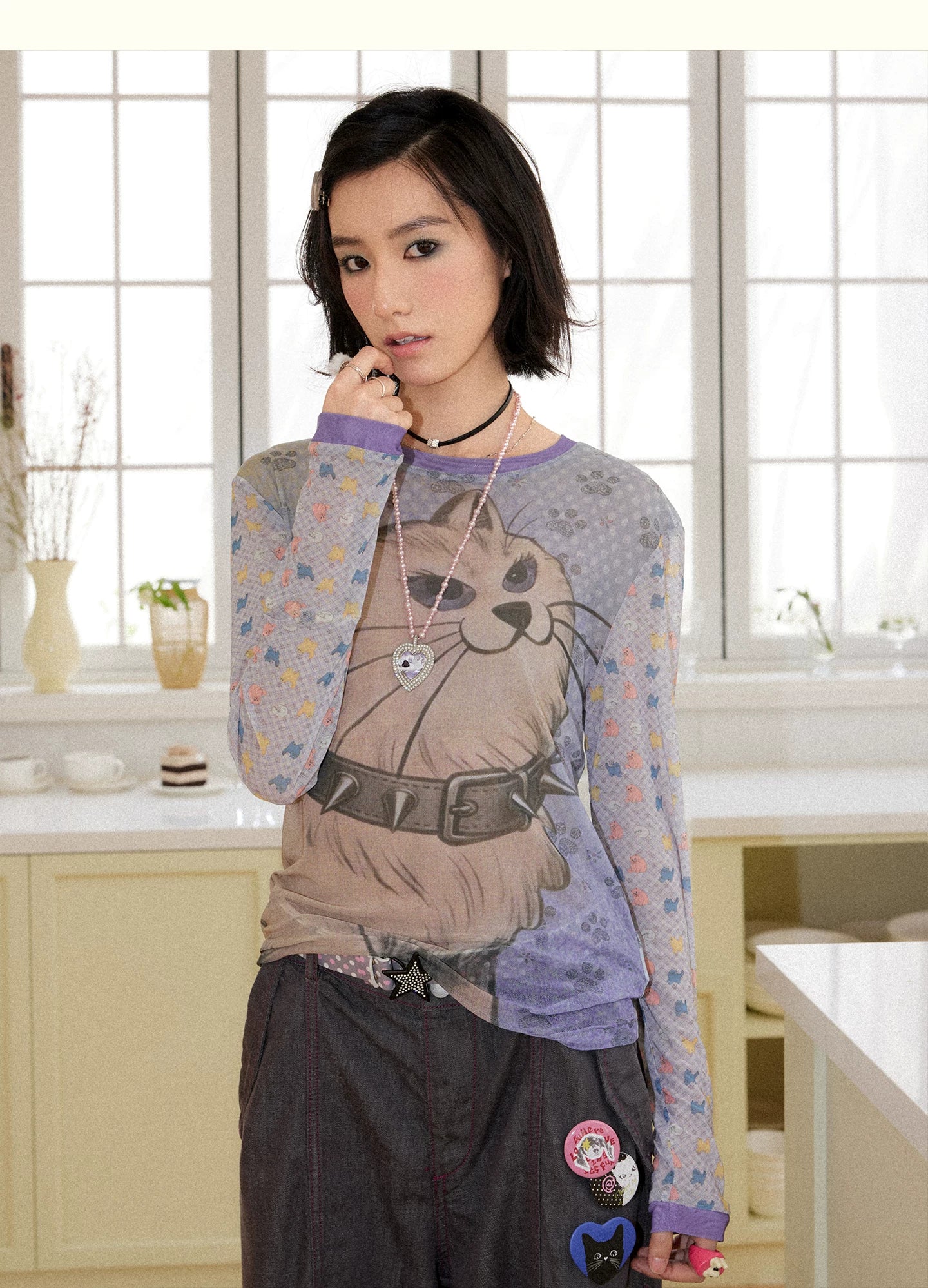 Cat Graphic Mesh Long Sleeve Top