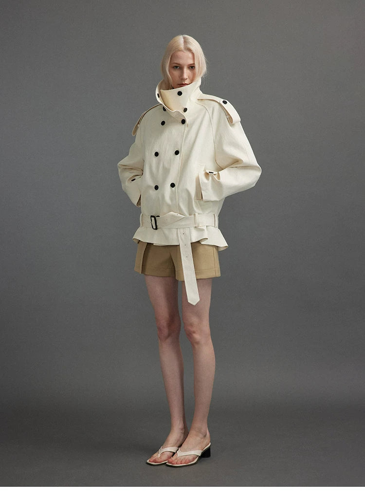 Cropped Trench Jacket with Stand Collar and Curved Shoulders