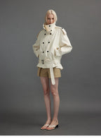 Cropped Trench Jacket with Stand Collar and Curved Shoulders