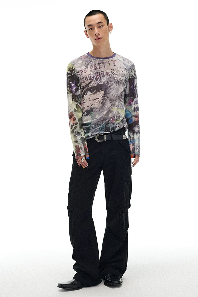 Pop Art Collage Stretch Mesh Long Sleeve Top