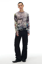 Pop Art Collage Stretch Mesh Long Sleeve Top