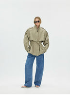 Cropped Trench Jacket with Curved Shoulders and Tie Detail