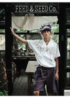 Vintage Wisteria Embroidered Cotton Linen Short Sleeve Shirt