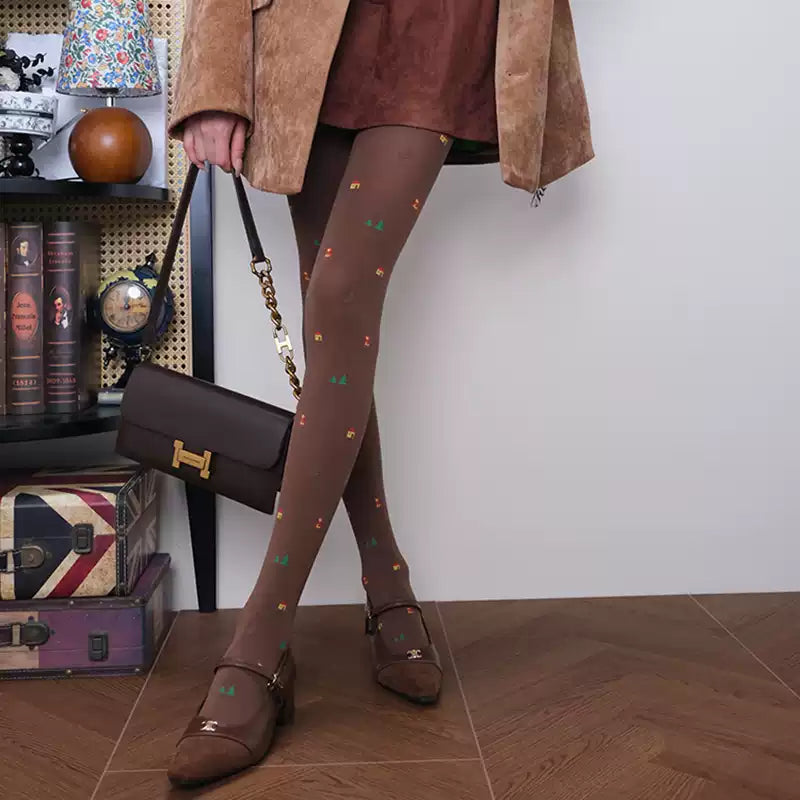 Whimsical Christmas Tree Graphic Mocha Brown Tights