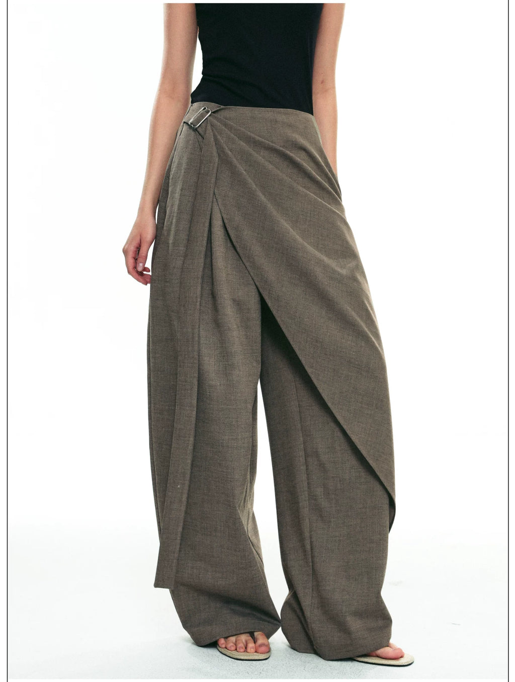 Autumn Wool-Blend Wide-Leg Tailored Pants with Layered Tie Details