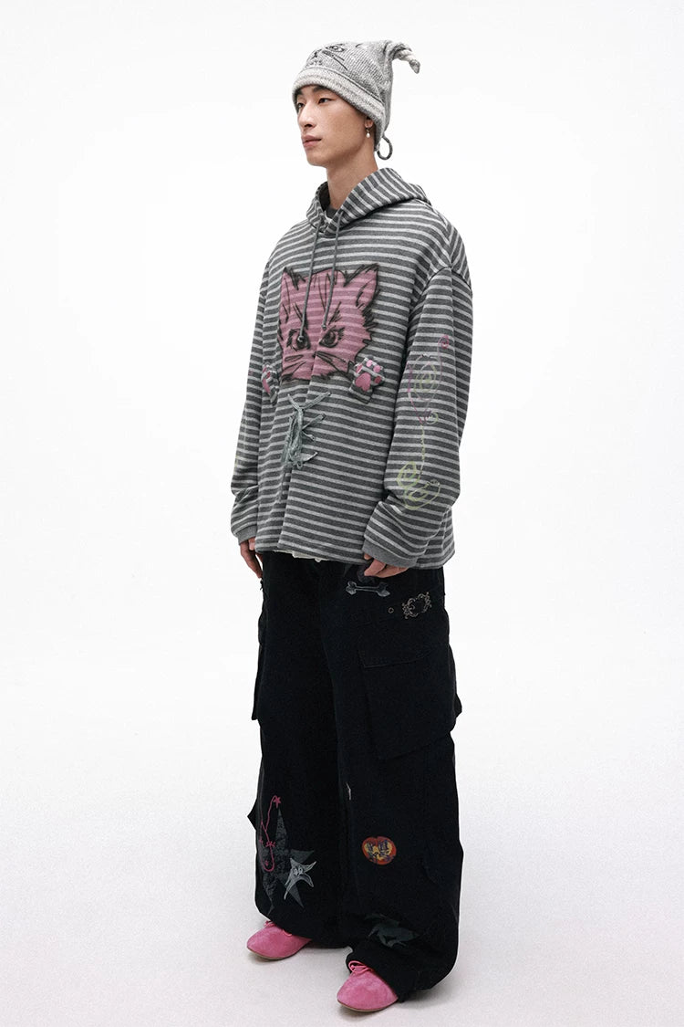 Grotesque Cat Paw Print Lace Trim Loose Striped Hooded Long Sleeve T-Shirt