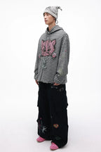 Grotesque Cat Paw Print Lace Trim Loose Striped Hooded Long Sleeve T-Shirt