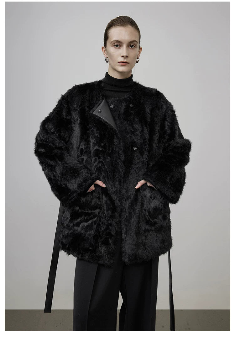 Black Faux Shearling Fur-Lined Coat