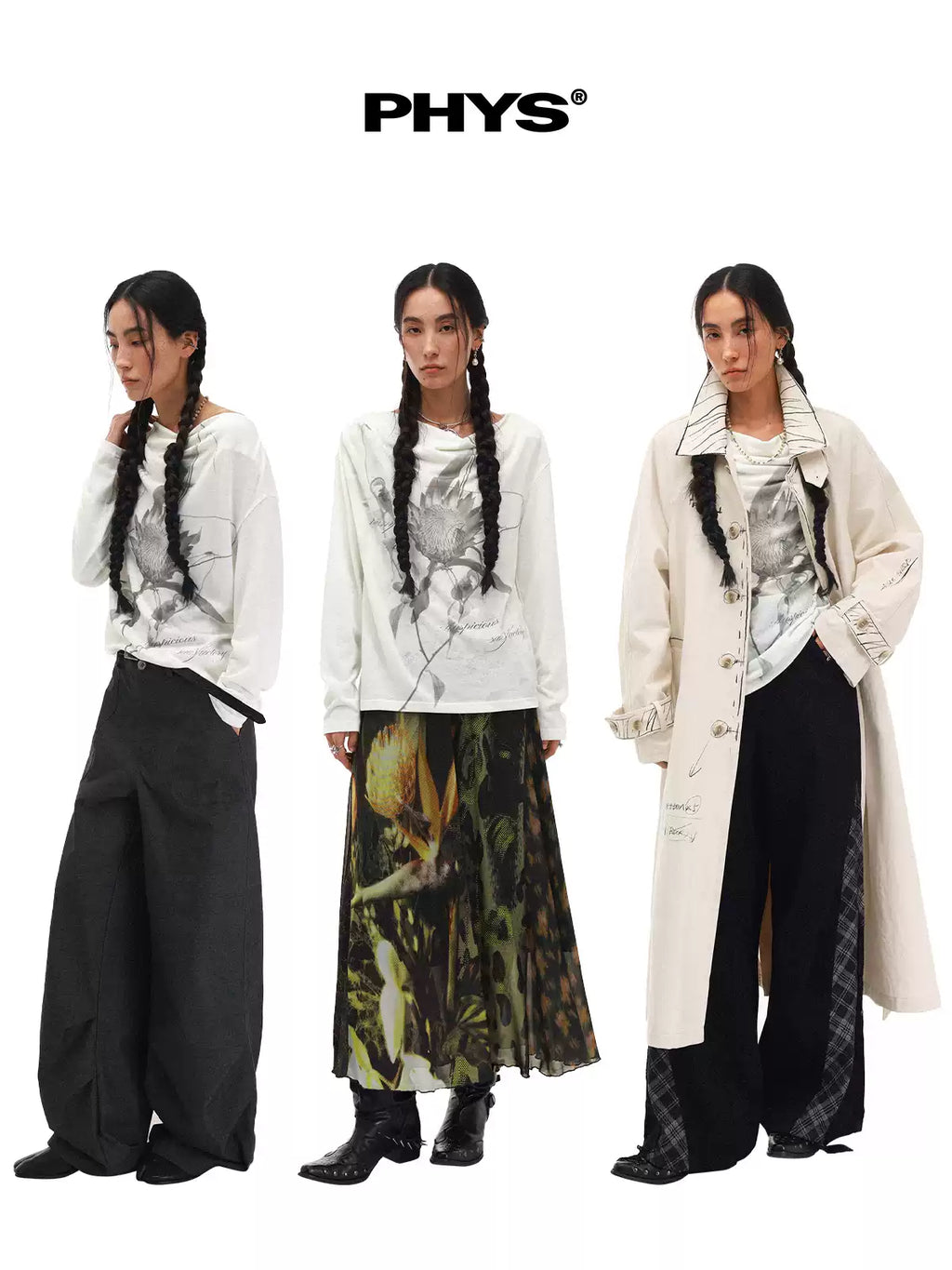 Moon Neck Asymmetric Floral Long Sleeve T-Shirt