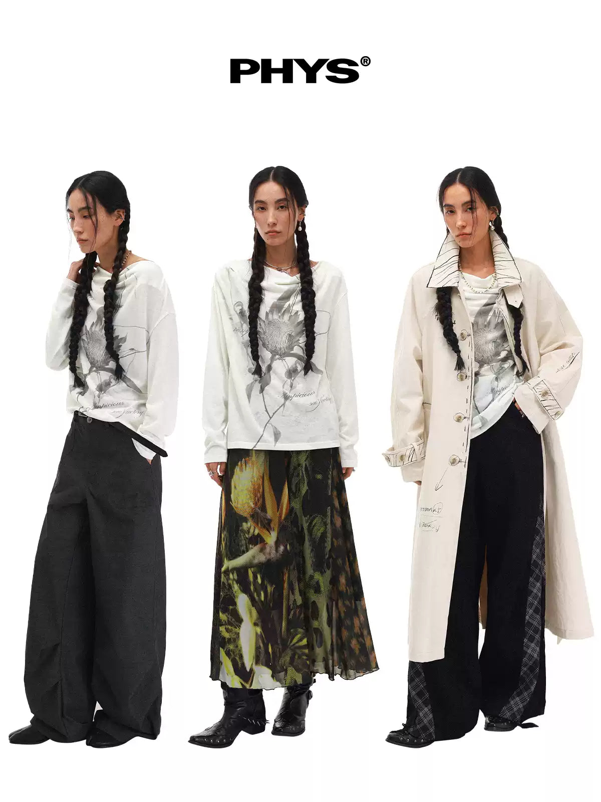 Moon Neck Asymmetric Floral Long Sleeve T-Shirt