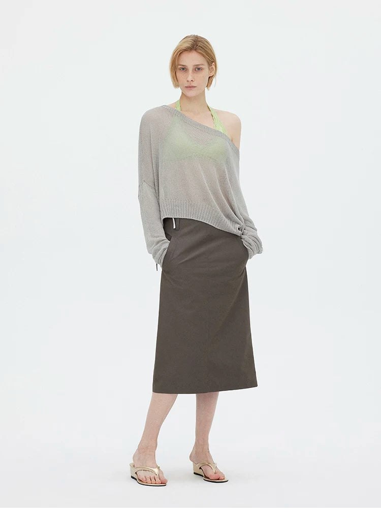 Asymmetric Shoulder Lyocell Linen Knit Cover-Up