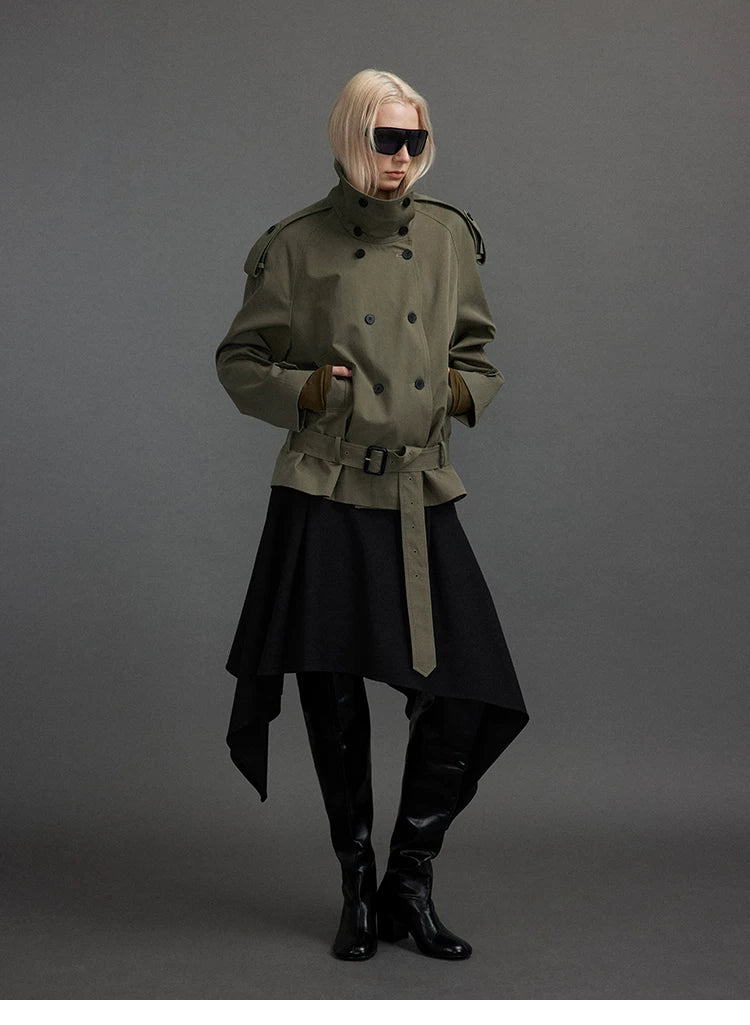 Cropped Trench Jacket with Stand Collar and Curved Shoulders