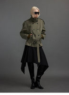 Cropped Trench Jacket with Stand Collar and Curved Shoulders