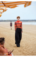 Sunset Print Double-Layer Mesh High-Neck Slim Long Sleeve Top