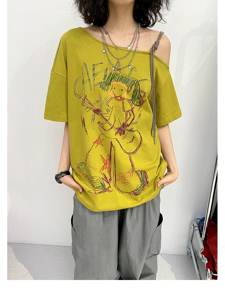Hand-Drawn Graphic Off-Shoulder Short Sleeve T-Shirt