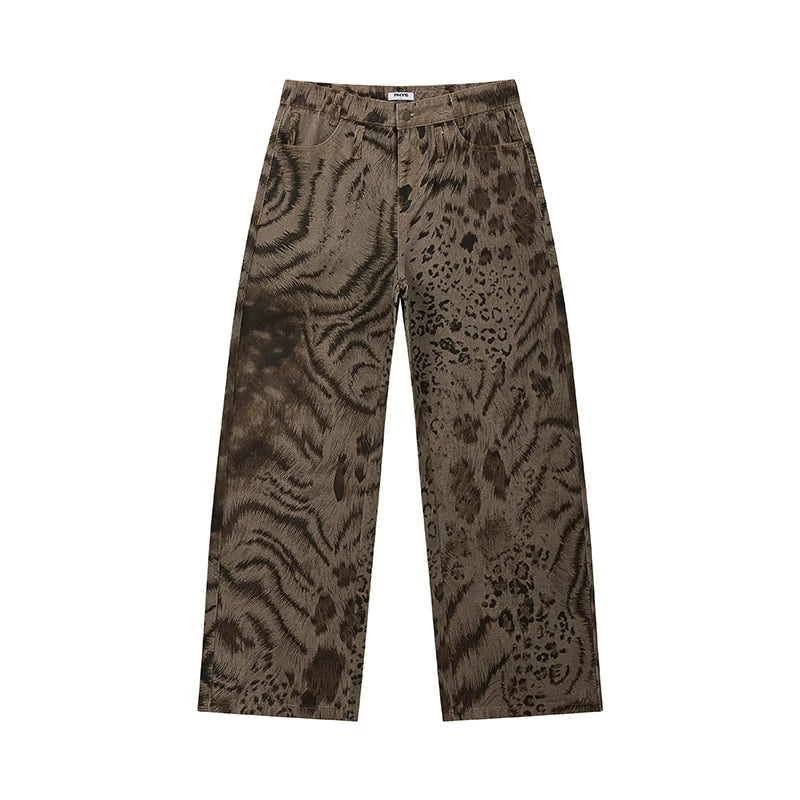 Leopard Digital Print Curved Panel Denim Pants with Double Waistband – Trendy Split Design Jeans