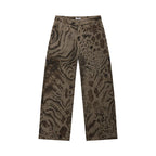 Leopard Digital Print Curved Panel Denim Pants with Double Waistband – Trendy Split Design Jeans