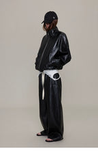 Waxed Black Leather Moto Jacket with Curved Shoulders