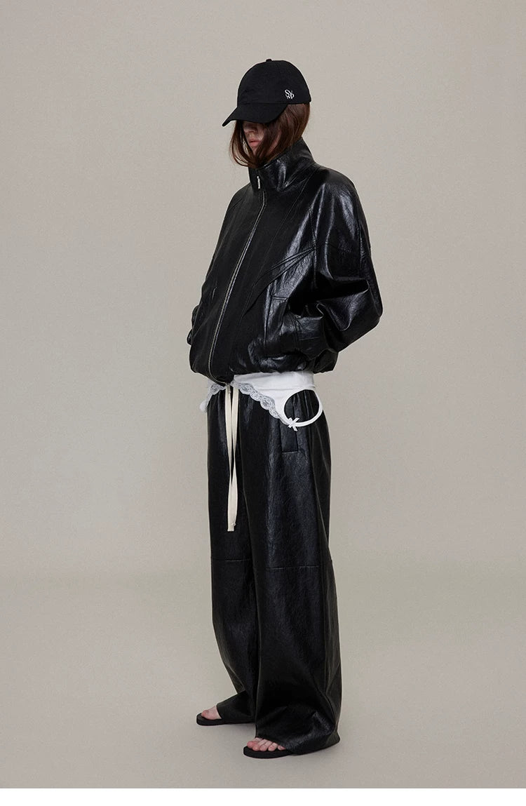 Waxed Black Leather Moto Jacket with Curved Shoulders