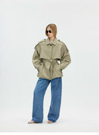 Cropped Trench Jacket with Curved Shoulders and Tie Detail