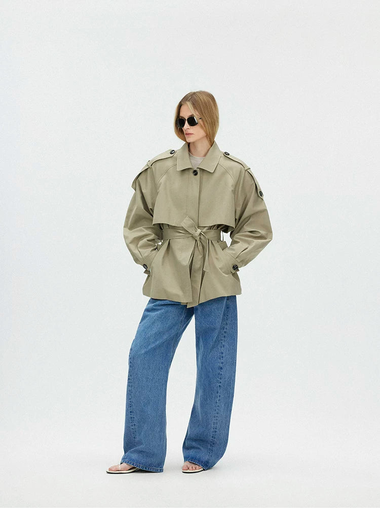 Cropped Trench Jacket with Curved Shoulders and Tie Detail