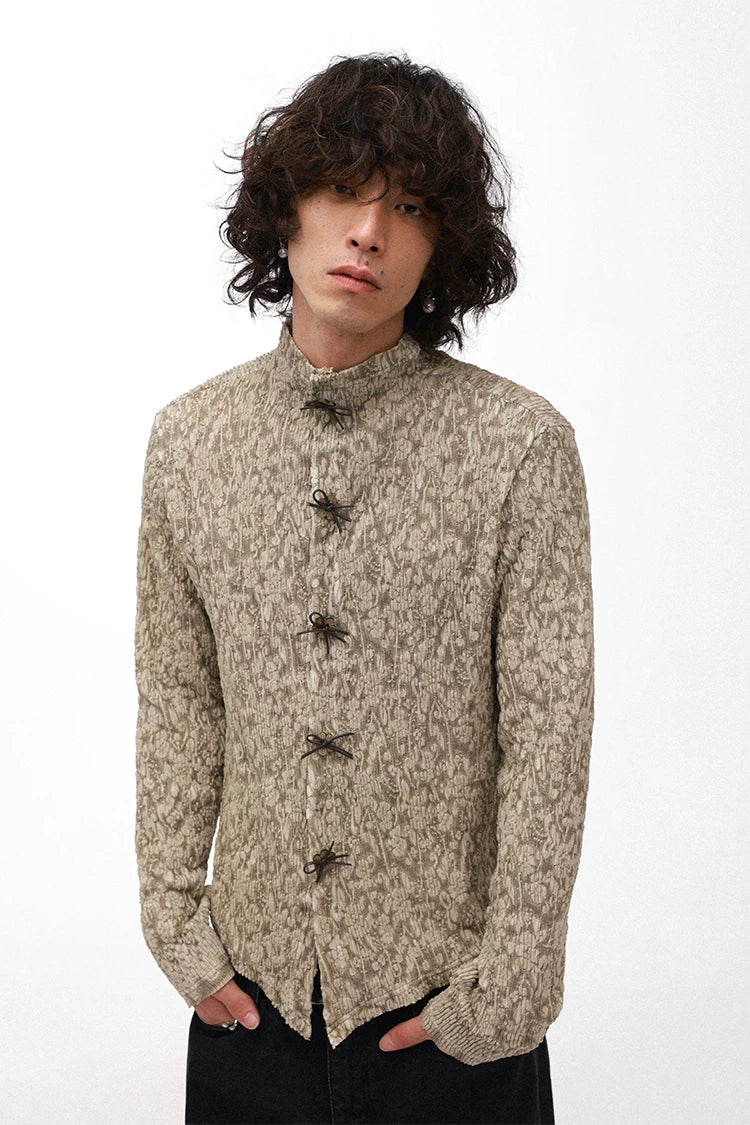 Elegant Jacquard Lace Patchwork Mandarin Collar Shirt