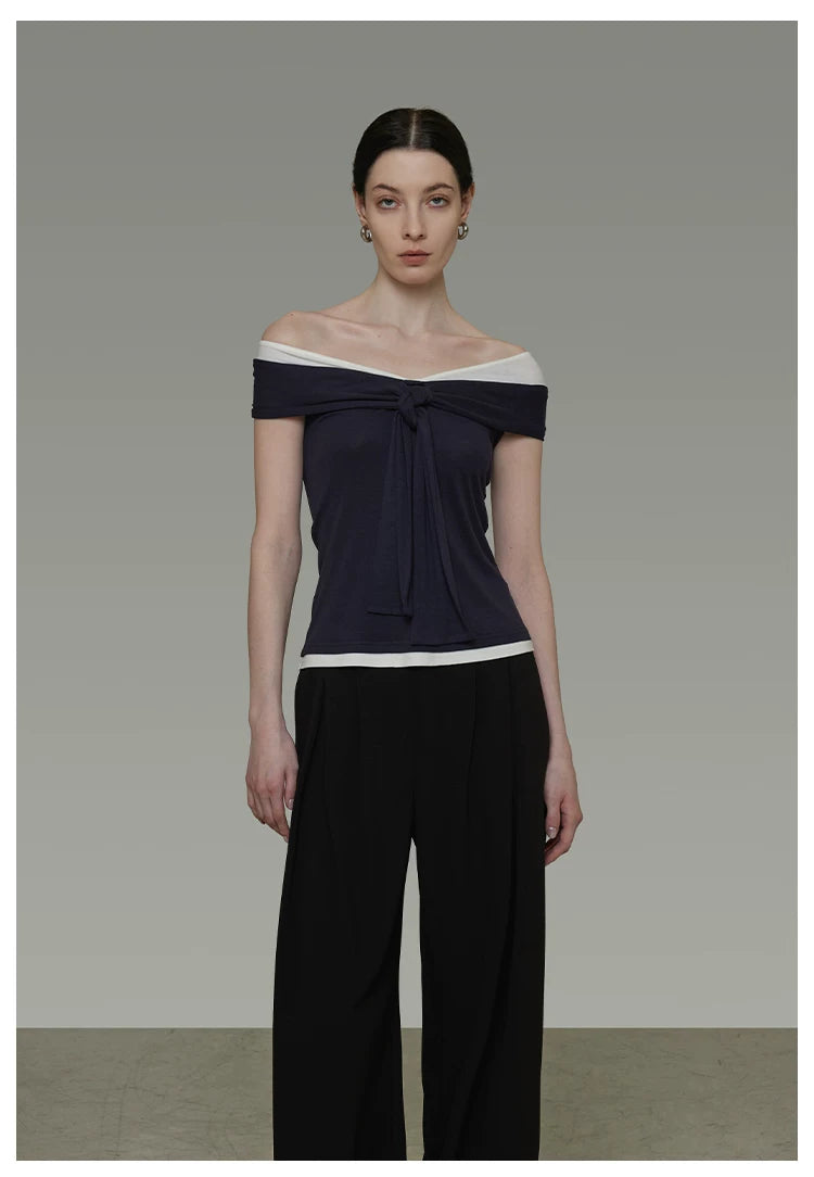 Contrast Color Off-Shoulder T-Shirt