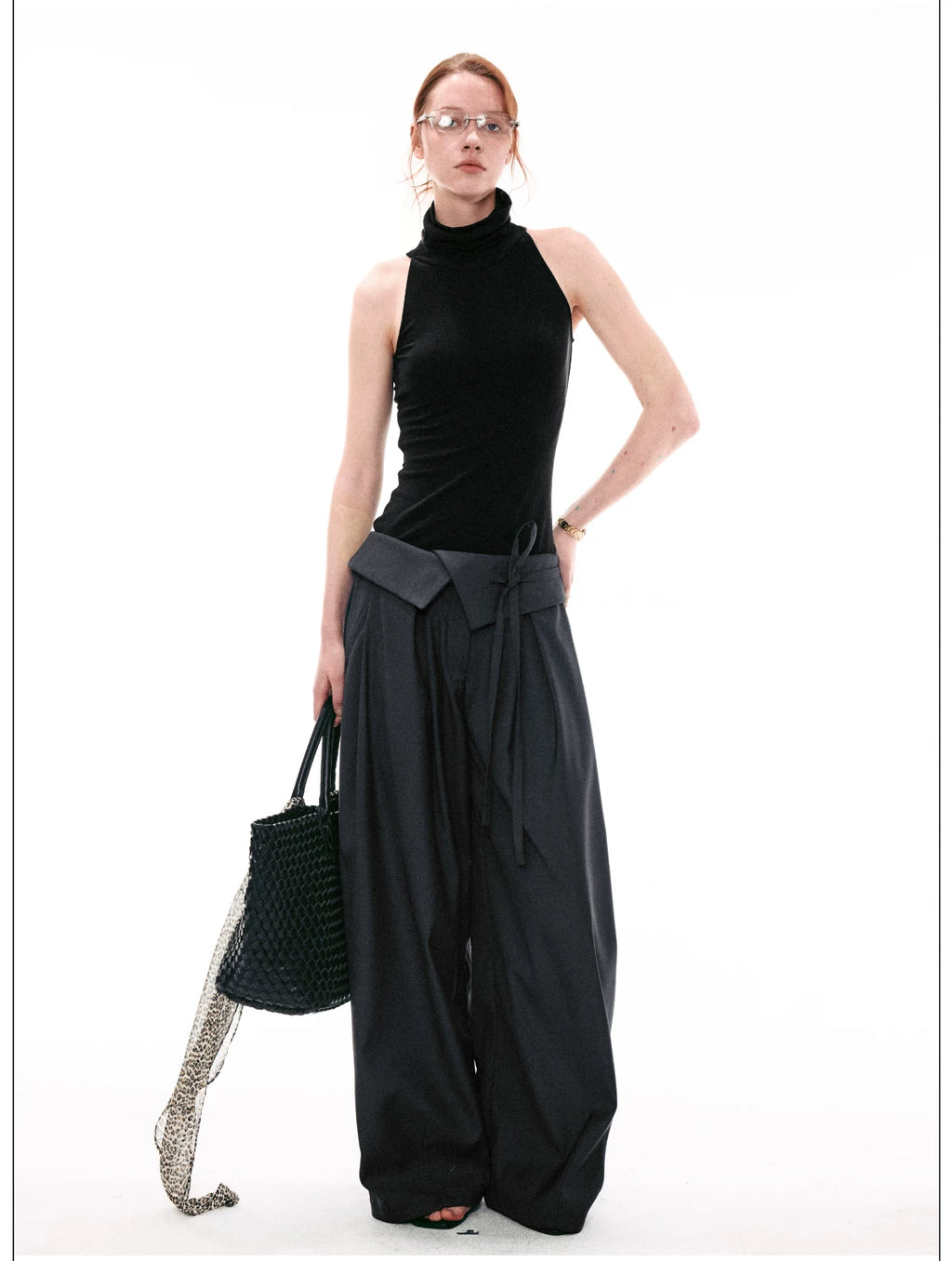 French Style Foldover Wide-Waist Tie Loose Wide-Leg Pants
