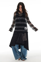 Soft Wool & Mohair Striped Open-Knit Distressed Sweater