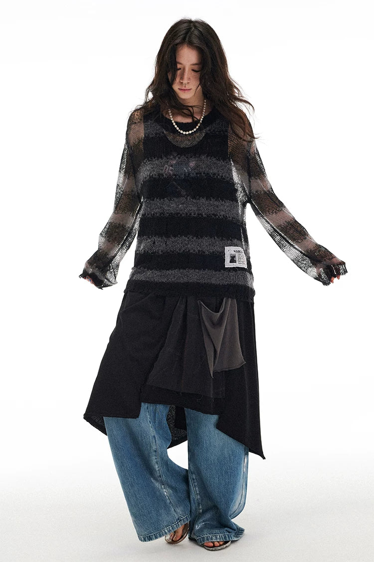 Soft Wool & Mohair Striped Open-Knit Distressed Sweater