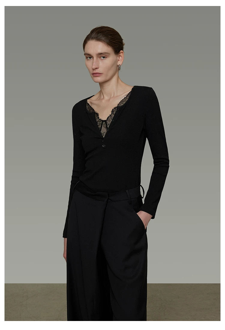 Minimalist Lace V-Neck Slim-Fit Knit Top