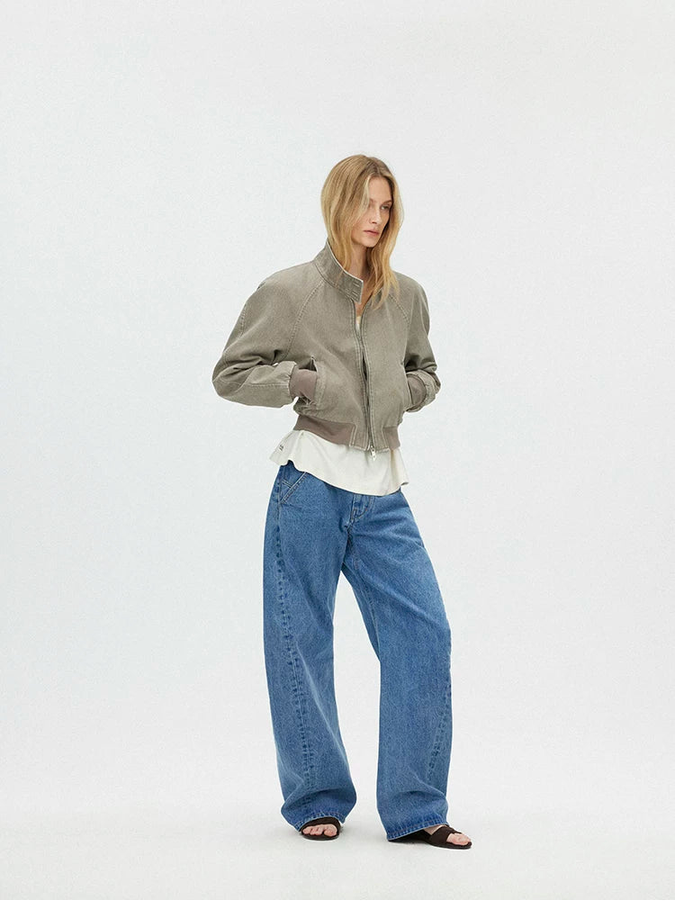 Vintage Washed Cropped Jacket with Plaid Lining