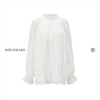 Ramie Bubble Sleeve Blouse with Woven Trim