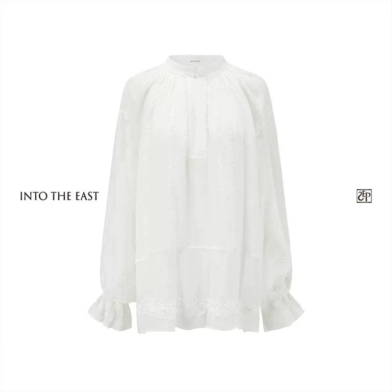 Ramie Bubble Sleeve Blouse with Woven Trim