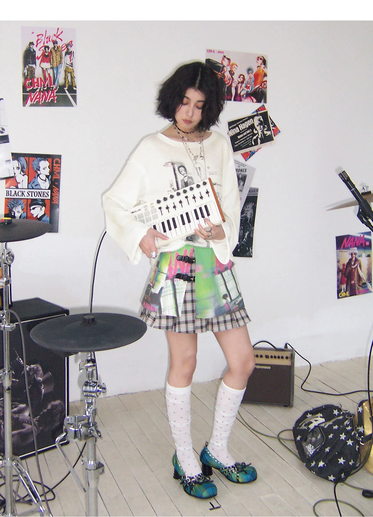 NANA Collaboration Plaid Patchwork Printed Pleated Skirt