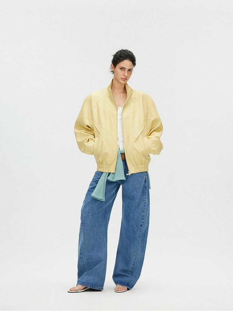 Butter Yellow Curved-Shoulder Leather Bomber Jacket