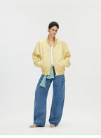 Butter Yellow Curved-Shoulder Leather Bomber Jacket