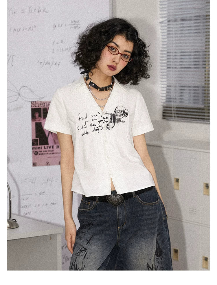 Rock Print Pleated Short Sleeve Shirt