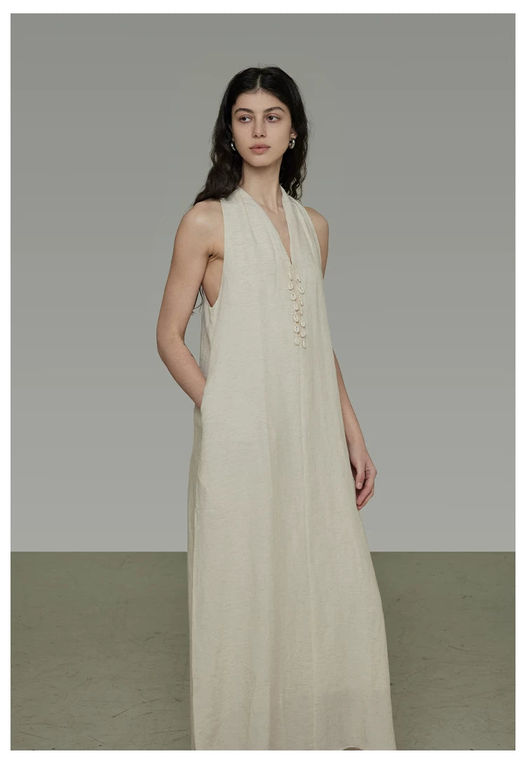 Halter Neck V-Neck Sleeveless A-Line Maxi Dress