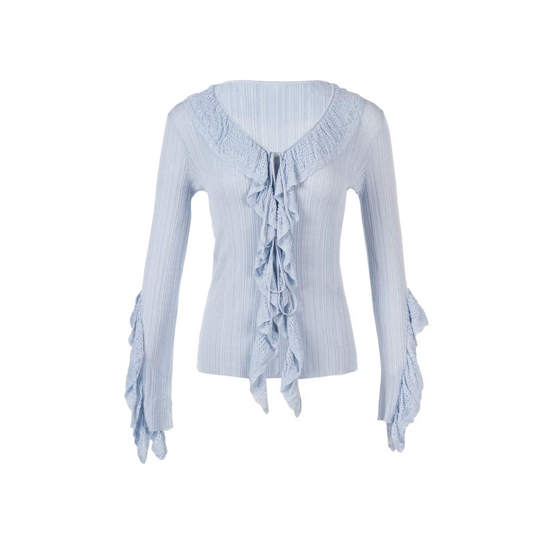 Lace Ruffle V-Neck Knit Cardigan