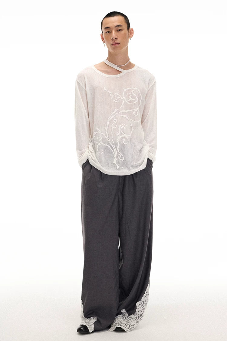 Semi-Sheer Printed Fitted Knit Long Sleeve T-Shirt