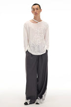 Semi-Sheer Printed Fitted Knit Long Sleeve T-Shirt