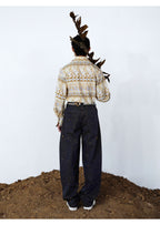 Handcrafted Wooden Bead Washed Distressed Baggy Jeans