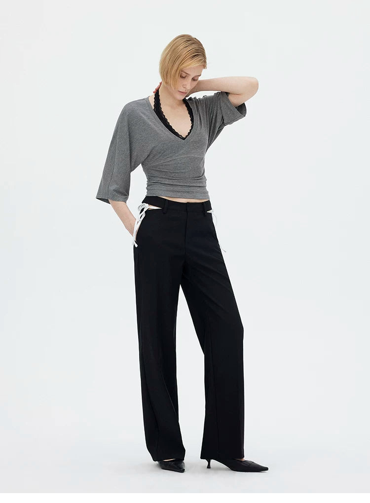 V-Neck Batwing Sleeve Waist-Cinching Knit Top