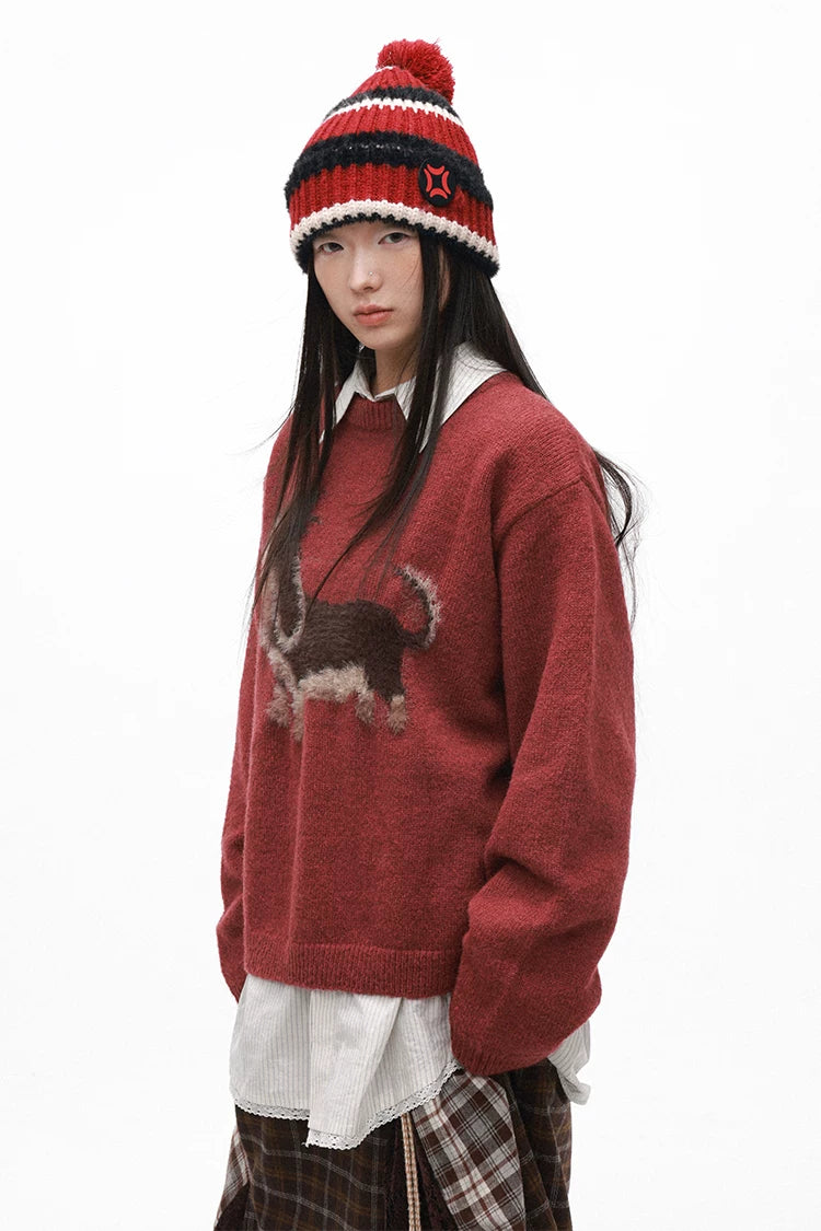 Punk Dog Faux Mink Jacquard Retro Color-Block Soft Knit Sweater