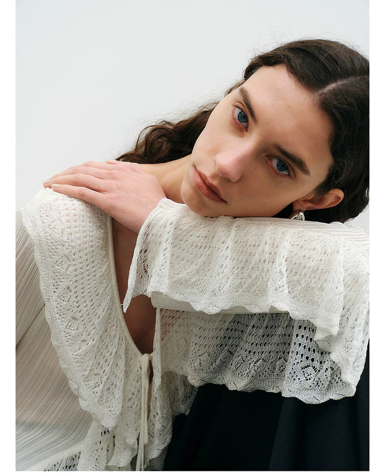 Lace Ruffle V-Neck Knit Cardigan