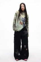 Grotesque Hand-Drawn Graphic Panel Loose Fit Cargo Denim Pants