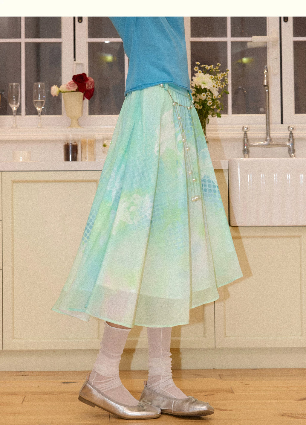 Pearl Waist Chain Gradient Print Skirt