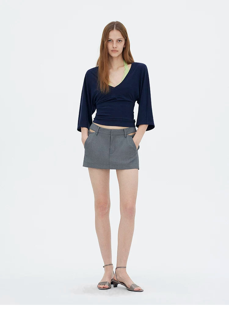V-Neck Batwing Sleeve Waist-Cinching Knit Top